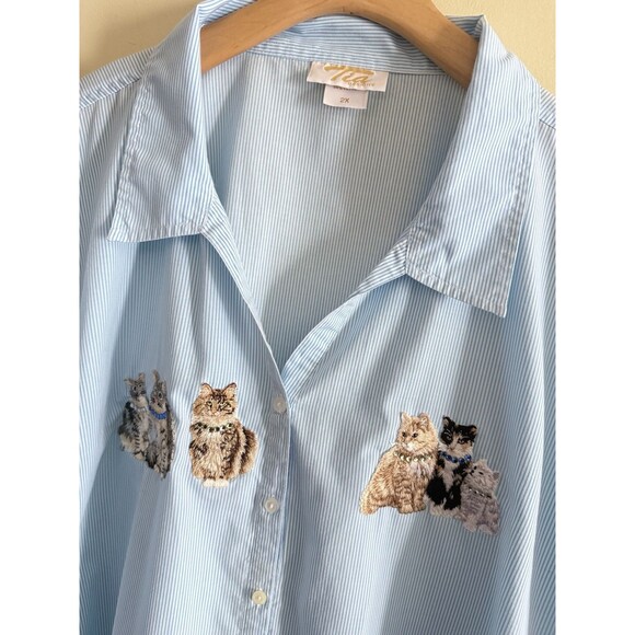 Vintage Tia Button Down Shirt Stripe Blue Top Cat Applique Embroidered‎ 2X Kitty - Picture 1 of 5